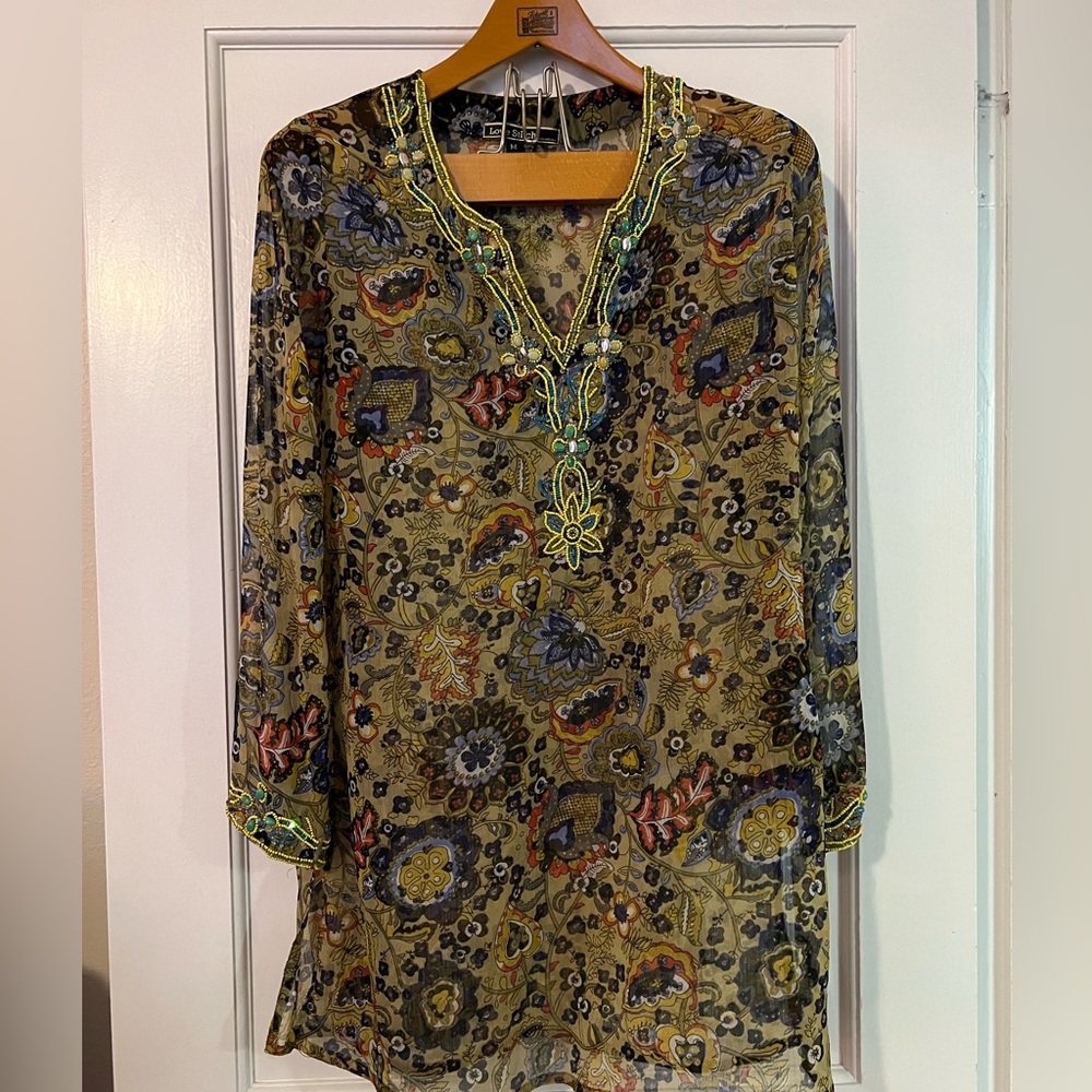 Love Stitch Silk Multicolored Tunic with Beaded Details around Neck & Sleeves